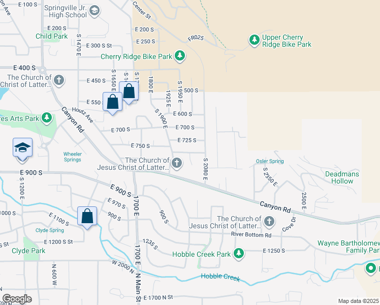 map of restaurants, bars, coffee shops, grocery stores, and more near East 775 South in Springville