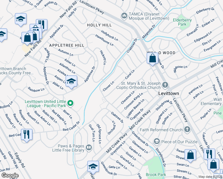 map of restaurants, bars, coffee shops, grocery stores, and more near 19 Coral Lane in Levittown