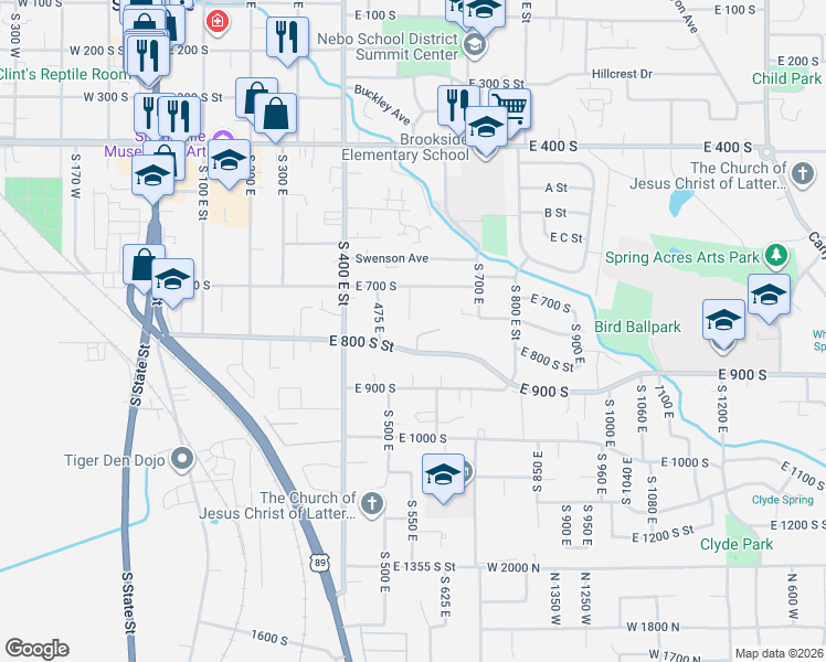 map of restaurants, bars, coffee shops, grocery stores, and more near 551 East Walnut Glen Street in Springville