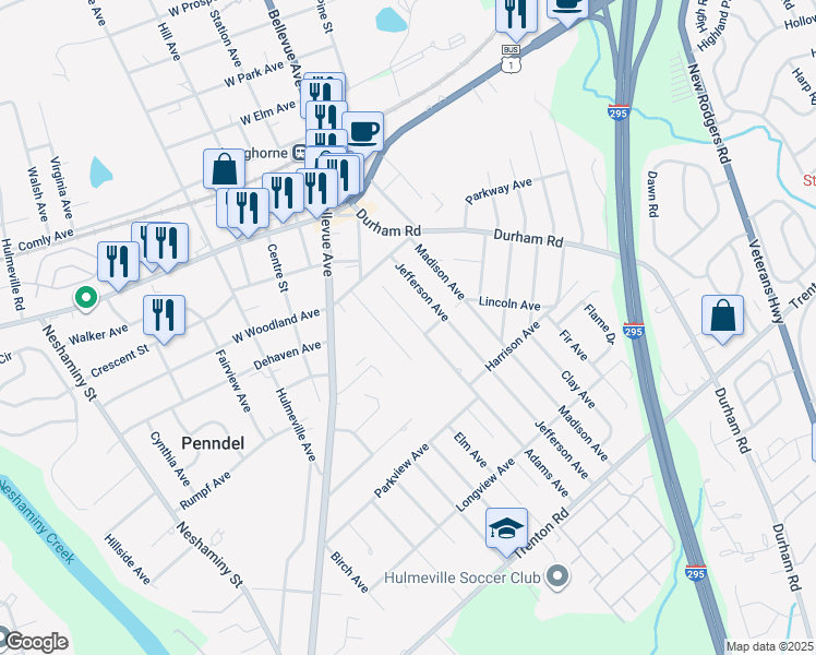 map of restaurants, bars, coffee shops, grocery stores, and more near 456 Adams Avenue in Langhorne