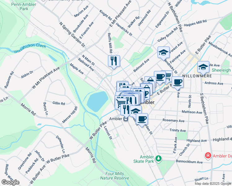 map of restaurants, bars, coffee shops, grocery stores, and more near 110 North Main Street in Ambler