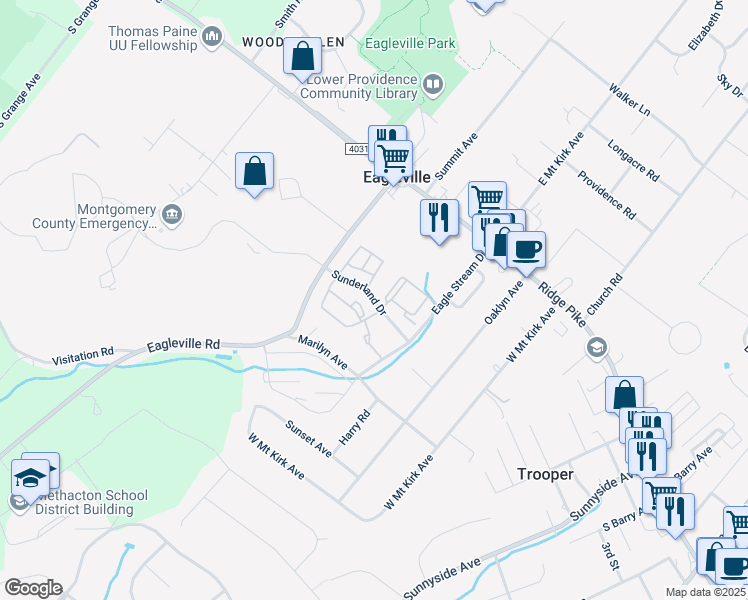 map of restaurants, bars, coffee shops, grocery stores, and more near Sunderland Drive in Eagleville