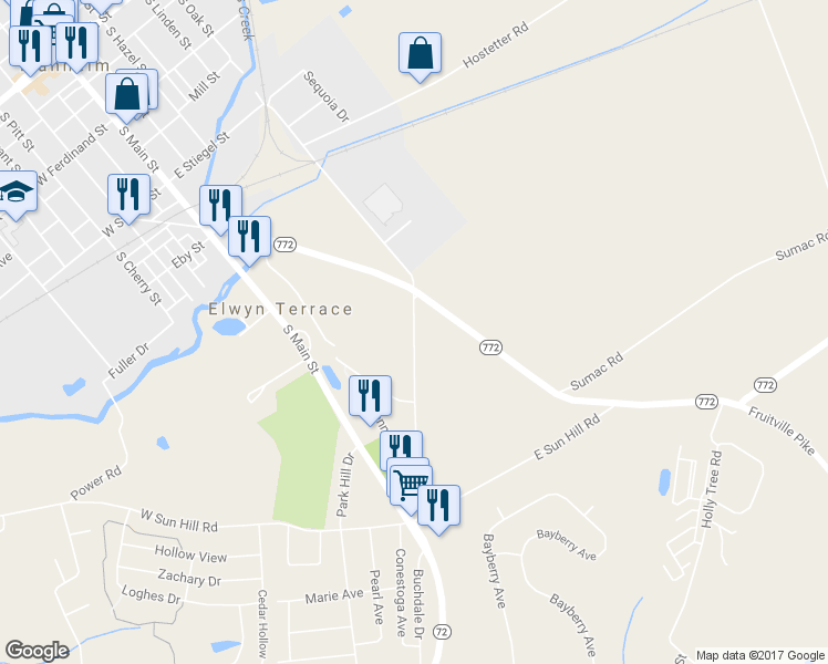 map of restaurants, bars, coffee shops, grocery stores, and more near 533 South Oak Street in Manheim