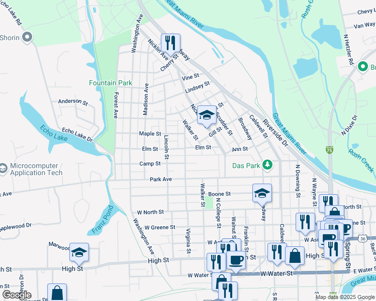 map of restaurants, bars, coffee shops, grocery stores, and more near 832 Camp Street in Piqua