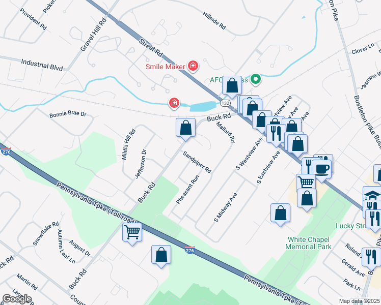 map of restaurants, bars, coffee shops, grocery stores, and more near 75 Sandpiper Road in Feasterville-Trevose
