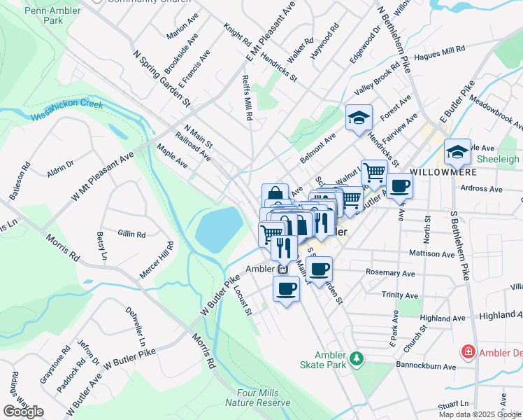 map of restaurants, bars, coffee shops, grocery stores, and more near 110 North Main Street in Ambler