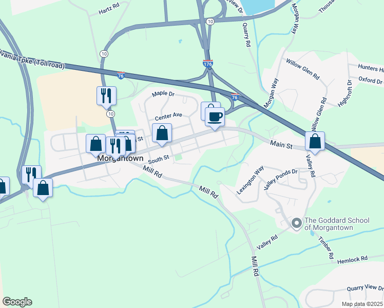 map of restaurants, bars, coffee shops, grocery stores, and more near 3410 South Street in Morgantown