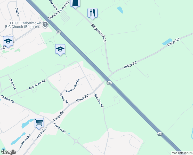map of restaurants, bars, coffee shops, grocery stores, and more near 1543 Hickory Run Court in Elizabethtown