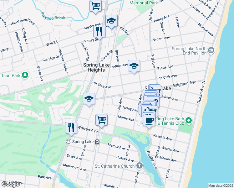 map of restaurants, bars, coffee shops, grocery stores, and more near 508 Brighton Avenue in Spring Lake