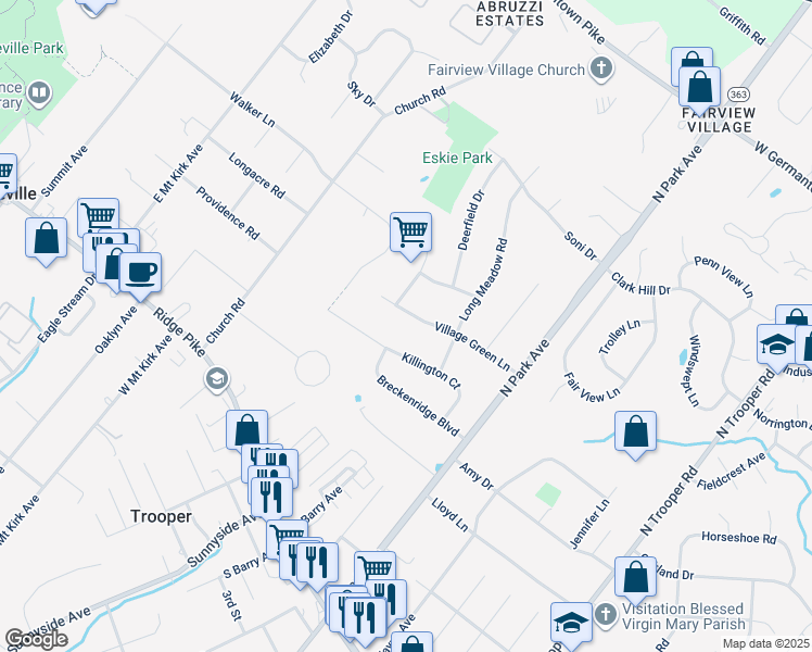 map of restaurants, bars, coffee shops, grocery stores, and more near 2920 Village Green Lane in Eagleville