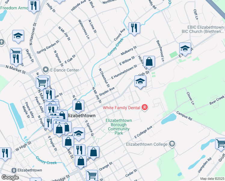 map of restaurants, bars, coffee shops, grocery stores, and more near 500 Snyder Avenue in Elizabethtown