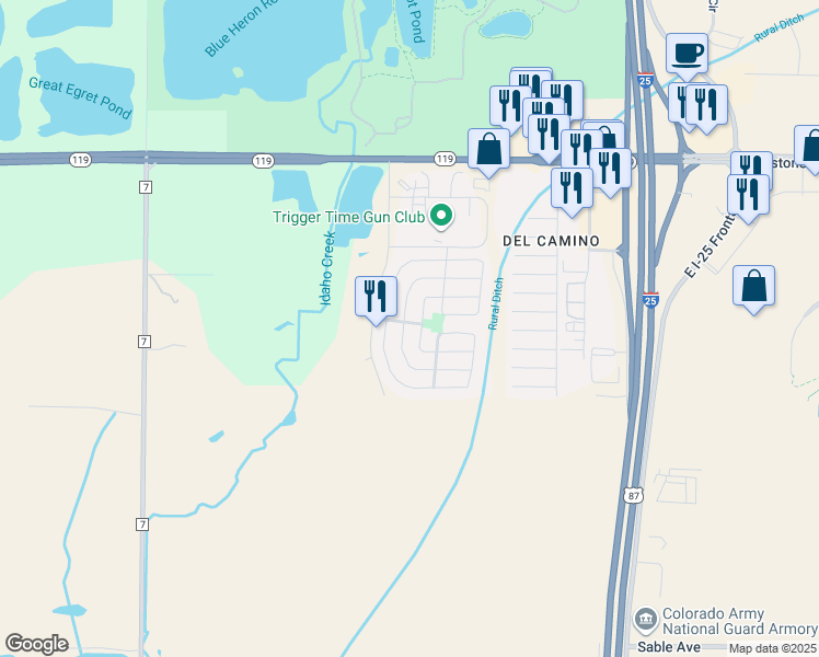 map of restaurants, bars, coffee shops, grocery stores, and more near 10587 Forester Place in Longmont