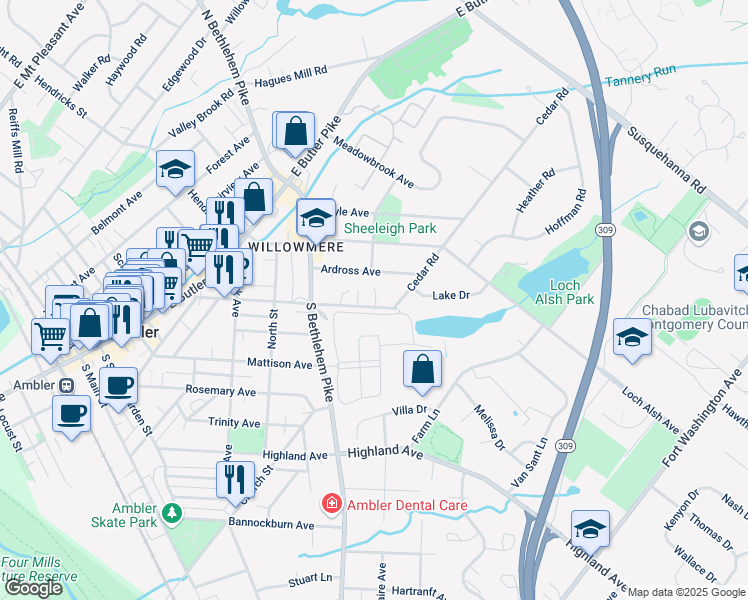 map of restaurants, bars, coffee shops, grocery stores, and more near 6 Lindenwold Terrace in Ambler