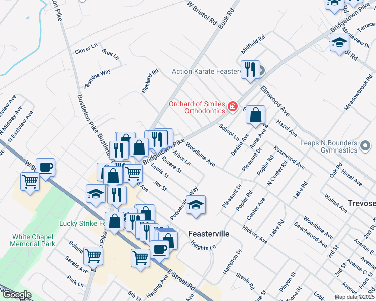 map of restaurants, bars, coffee shops, grocery stores, and more near 11 Woodbine Avenue in Feasterville