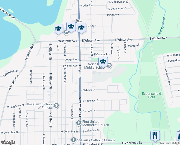 map of restaurants, bars, coffee shops, grocery stores, and more near 1606-1698 North Jackson Street in Danville
