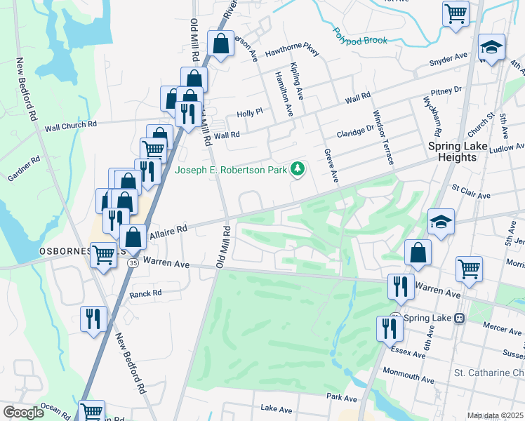 map of restaurants, bars, coffee shops, grocery stores, and more near 53 Willow Lane in Spring Lake