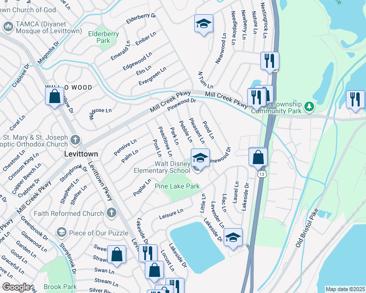 map of restaurants, bars, coffee shops, grocery stores, and more near 14 Park Lane in Levittown