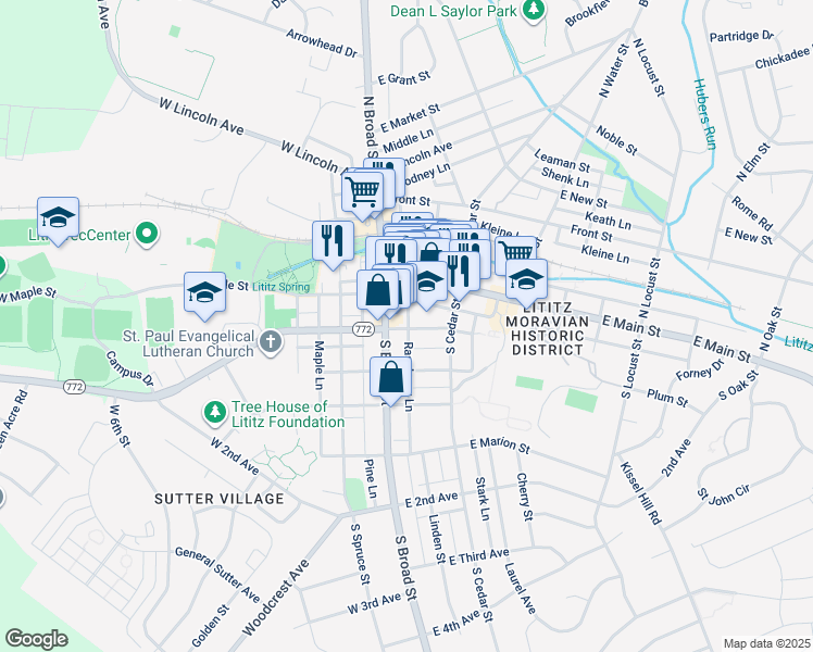 map of restaurants, bars, coffee shops, grocery stores, and more near 125 South Broad Street in Lititz