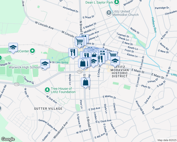 map of restaurants, bars, coffee shops, grocery stores, and more near 125 South Broad Street in Lititz