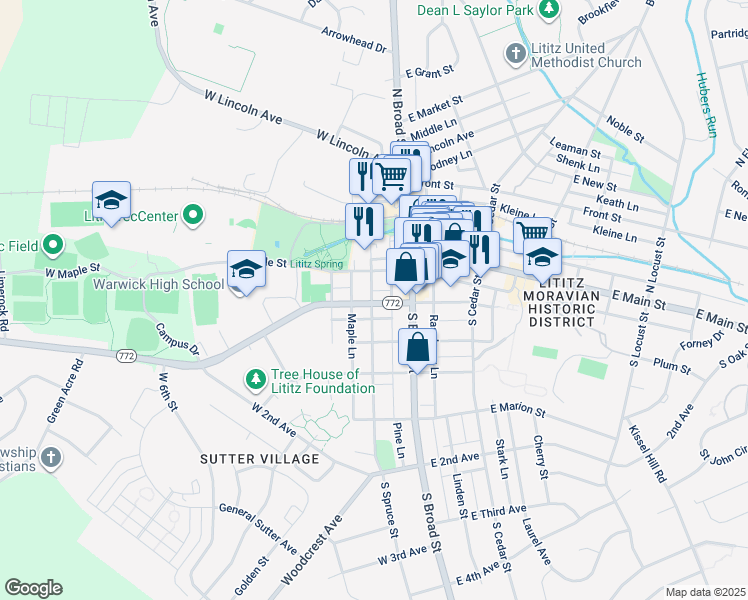 map of restaurants, bars, coffee shops, grocery stores, and more near 112 South Spruce Street in Lititz