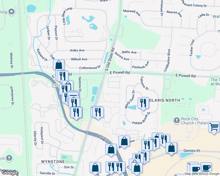 map of restaurants, bars, coffee shops, grocery stores, and more near 912 Woodmeadow Way in Columbus