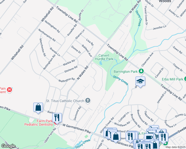 map of restaurants, bars, coffee shops, grocery stores, and more near 323 Stony Way in East Norriton