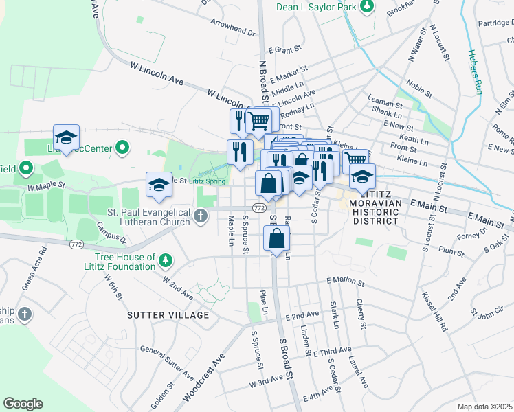 map of restaurants, bars, coffee shops, grocery stores, and more near 15 West Orange Street in Lititz