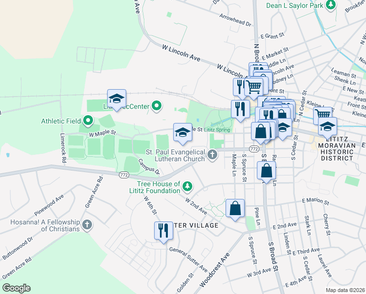 map of restaurants, bars, coffee shops, grocery stores, and more near 301 West Orange Street in Lititz