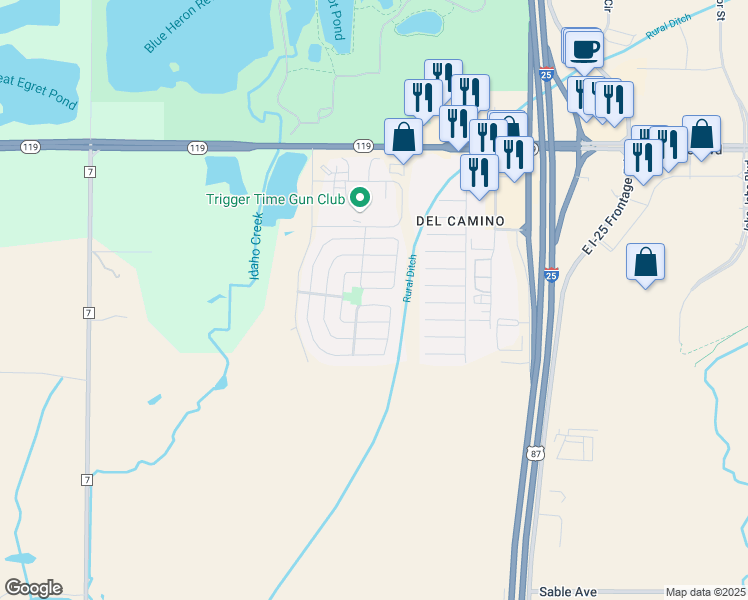 map of restaurants, bars, coffee shops, grocery stores, and more near 10439 Lower Ridge Road in Longmont