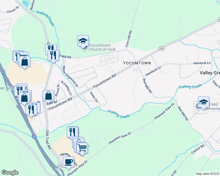 map of restaurants, bars, coffee shops, grocery stores, and more near 1260 Yocumtown Road in Valley Green