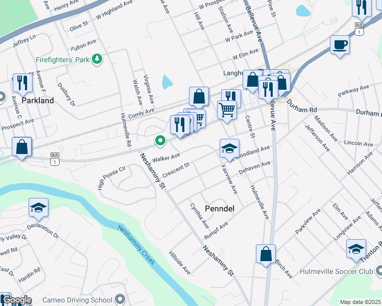 map of restaurants, bars, coffee shops, grocery stores, and more near 410 Crescent Street in Penndel