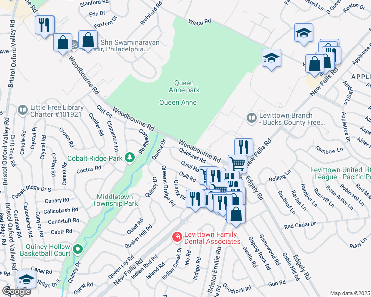 map of restaurants, bars, coffee shops, grocery stores, and more near 58 Quickset Road in Levittown