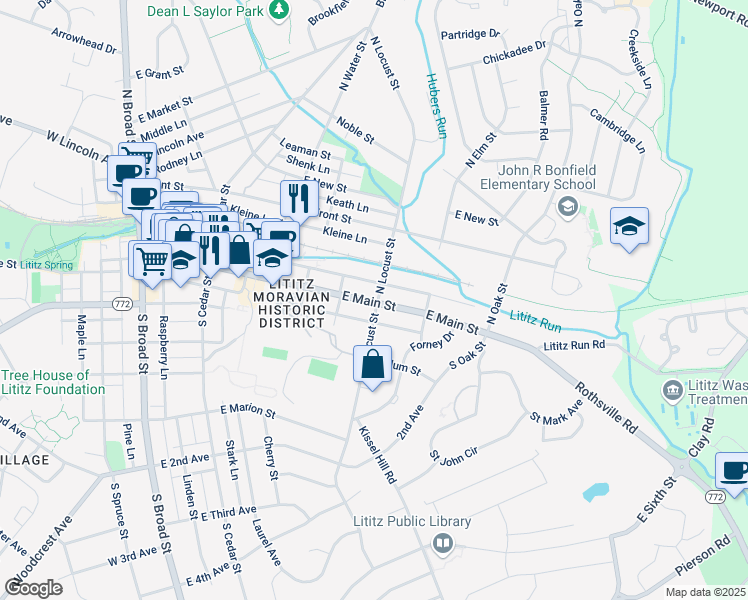 map of restaurants, bars, coffee shops, grocery stores, and more near 379 East Main Street in Lititz