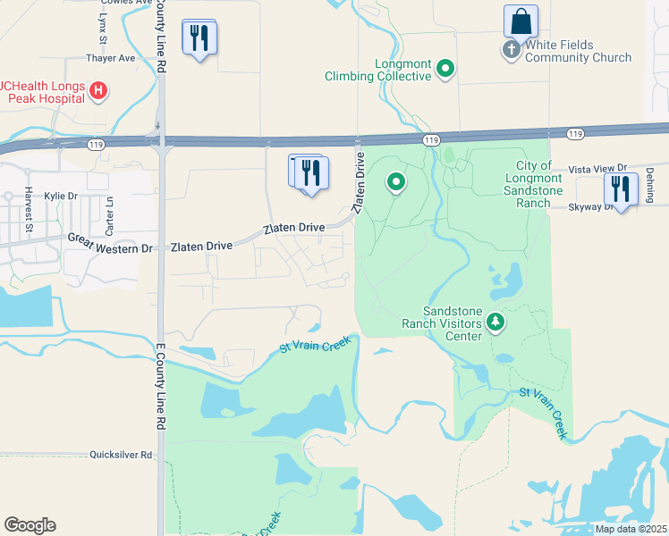 map of restaurants, bars, coffee shops, grocery stores, and more near 2315 Zlaten Drive in Longmont