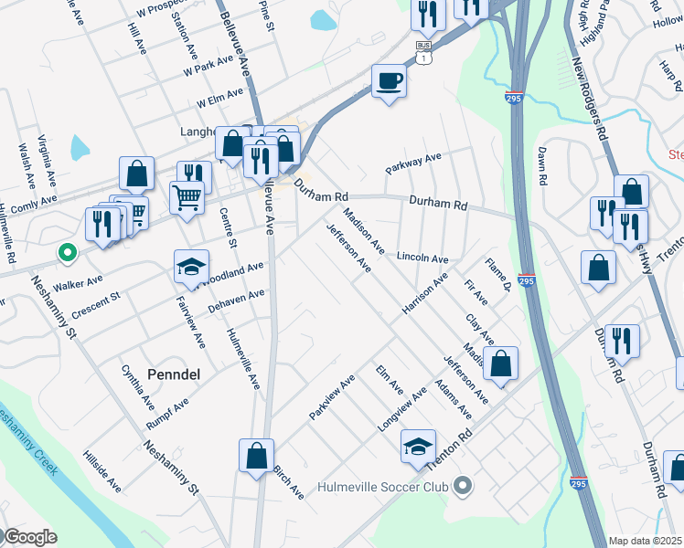 map of restaurants, bars, coffee shops, grocery stores, and more near 456 Adams Avenue in Langhorne