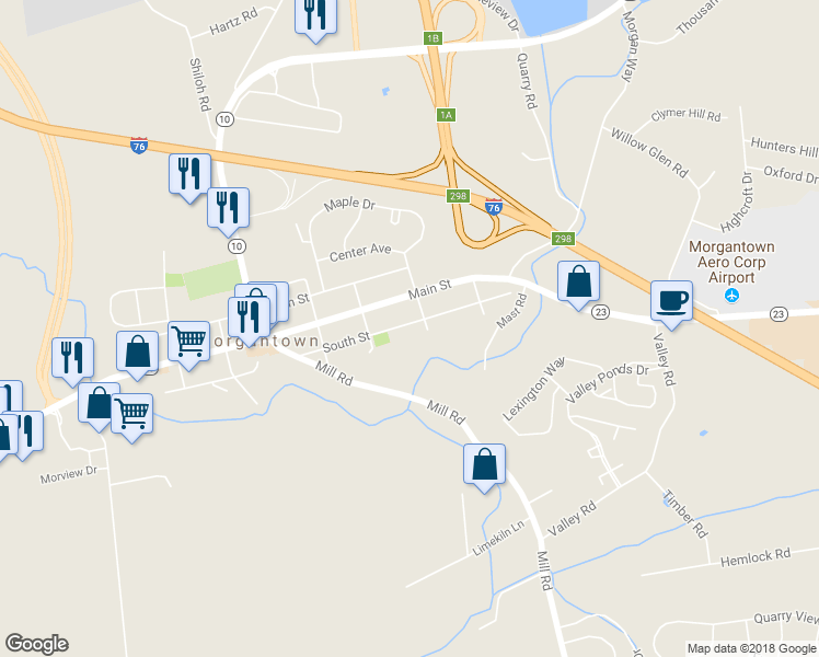 map of restaurants, bars, coffee shops, grocery stores, and more near 3410 South Street in Morgantown
