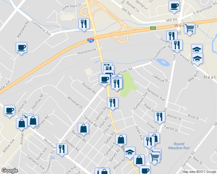 map of restaurants, bars, coffee shops, grocery stores, and more near 1019 Easton Road in Willow Grove