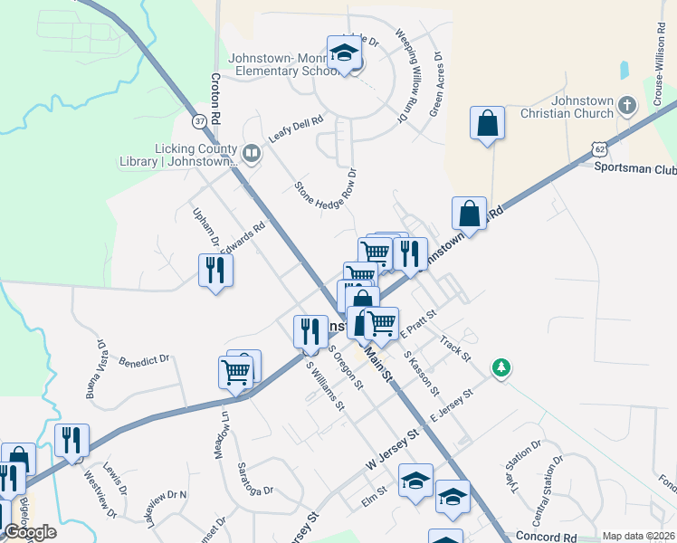 map of restaurants, bars, coffee shops, grocery stores, and more near 70 Johnstown-Alexandria Road in Johnstown