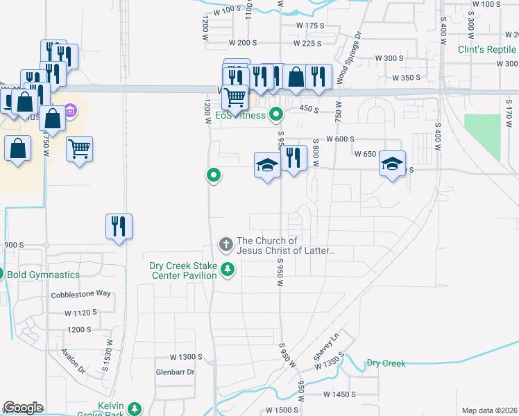map of restaurants, bars, coffee shops, grocery stores, and more near 1016 West 800 South in Springville