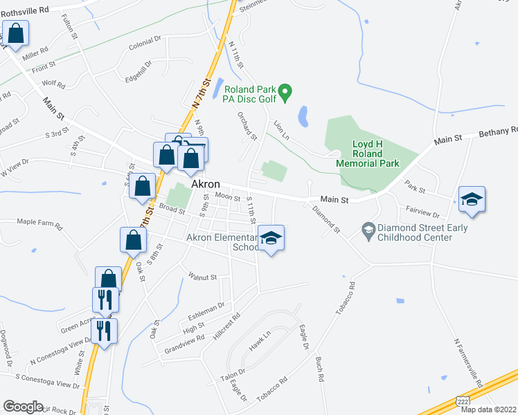 map of restaurants, bars, coffee shops, grocery stores, and more near 29 South 11th Street in Akron