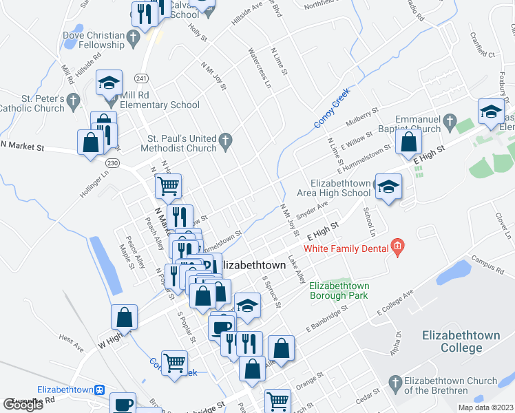 map of restaurants, bars, coffee shops, grocery stores, and more near 125 N Locust St in Elizabethtown