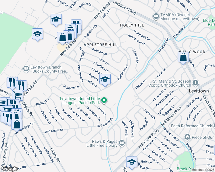 map of restaurants, bars, coffee shops, grocery stores, and more near 6 Aspen Lane in Levittown