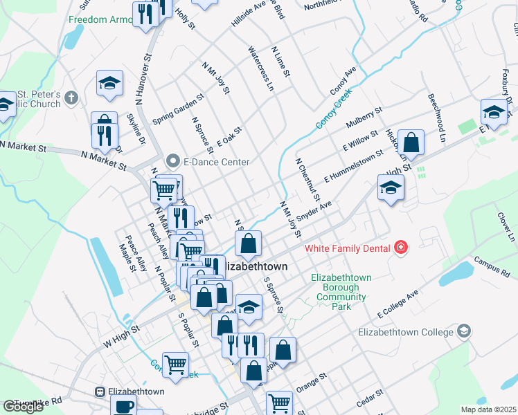 map of restaurants, bars, coffee shops, grocery stores, and more near 125 N Locust St in Elizabethtown