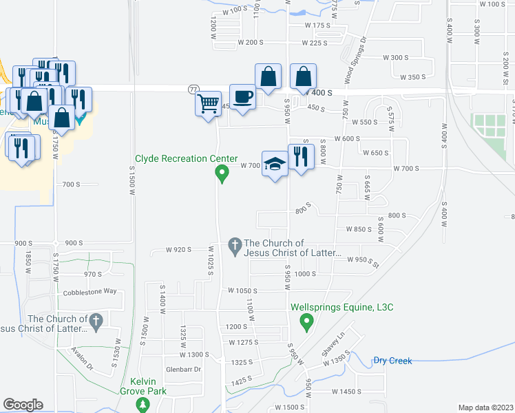 map of restaurants, bars, coffee shops, grocery stores, and more near 1076 West 800 South in Springville