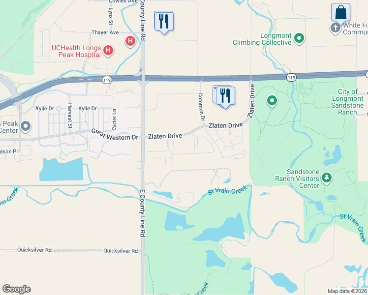 map of restaurants, bars, coffee shops, grocery stores, and more near 2051 Zlaten Drive in Longmont