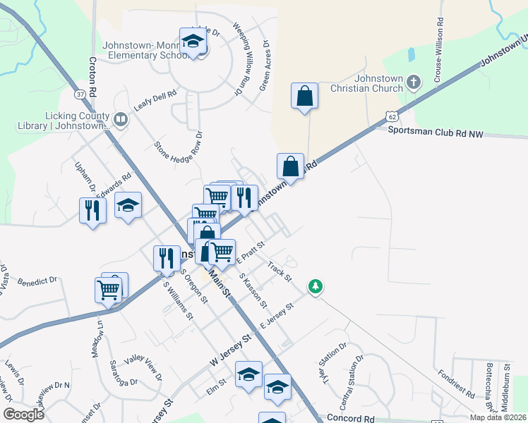 map of restaurants, bars, coffee shops, grocery stores, and more near 18 East Pratt Street in Johnstown