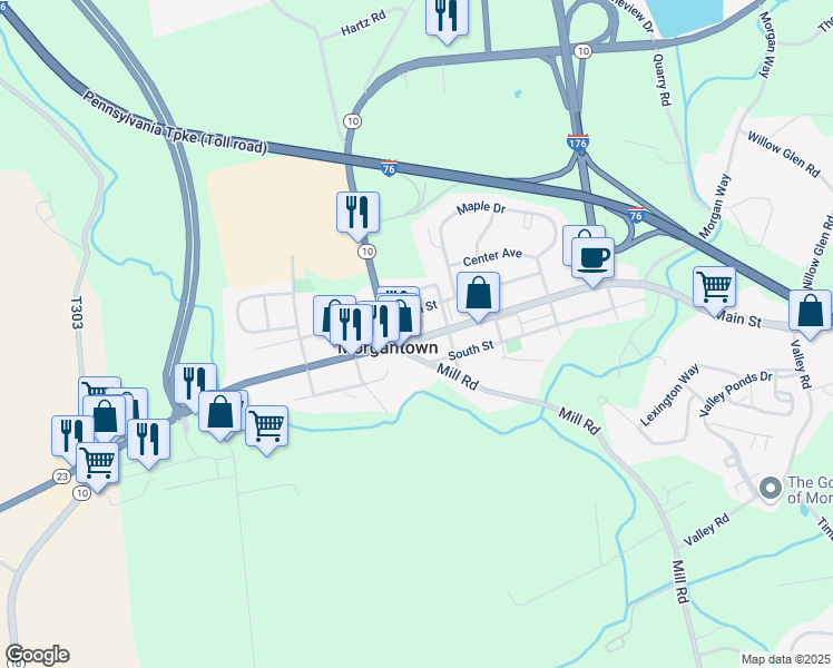 map of restaurants, bars, coffee shops, grocery stores, and more near 3207 Main Street in Morgantown