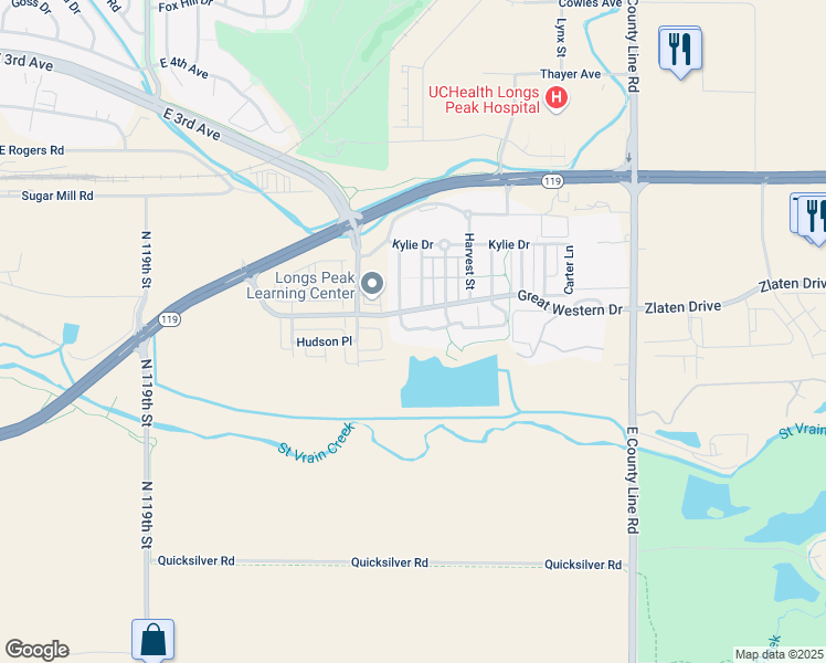 map of restaurants, bars, coffee shops, grocery stores, and more near 8 Sugarbin Court in Longmont