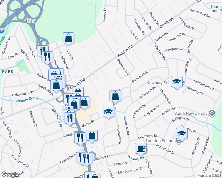 map of restaurants, bars, coffee shops, grocery stores, and more near 22 Chestnut Hill Road in Howell Township