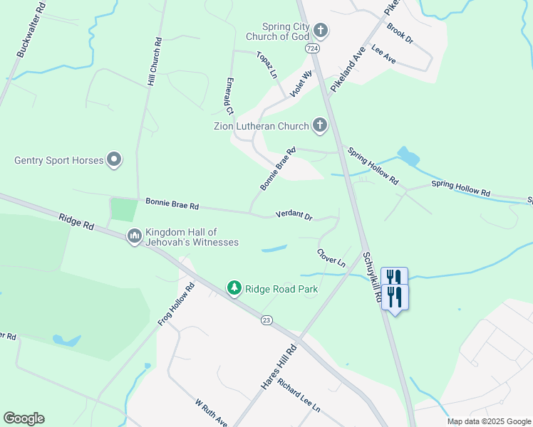 map of restaurants, bars, coffee shops, grocery stores, and more near 127 Verdant Drive in Phoenixville